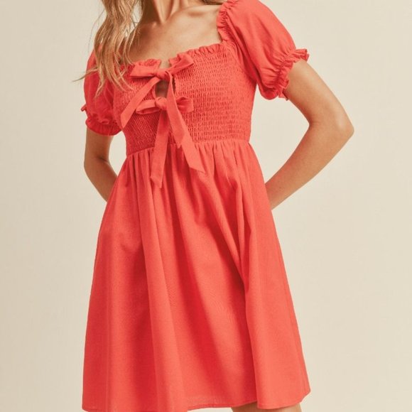 New Boho Puff Sleeve Front Tie Mini Dress Red - Picture 1 of 6